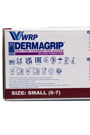 Перчатки: латексные Dermagrip High Risk S неопудренные нестерильные синие /пач.=50 шт.