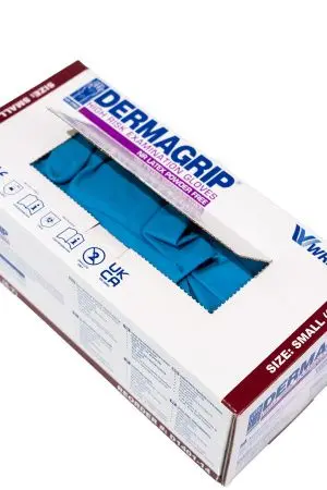 Перчатки: латексные Dermagrip High Risk S неопудренные нестерильные синие /пач.=50 шт.