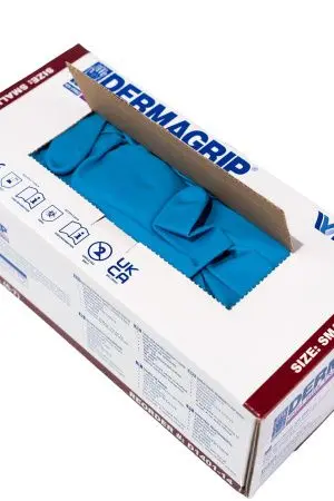 Перчатки: латексные Dermagrip High Risk S неопудренные нестерильные синие /пач.=50 шт.