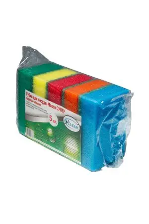 Губки,скрабы: для посуды VCLEAN Макси СУПЕР 9.5х6.5х3 поролон+абразив /пач.=5 шт.
