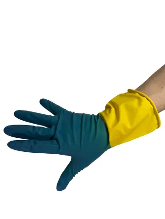 Перчатки: резиновые латексные BiColor M с хлопковым напылением сине-желтые