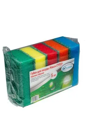 Губки,скрабы: для посуды VCLEAN Макси СУПЕР 9.5х6.5х3 поролон+абразив /пач.=5 шт.