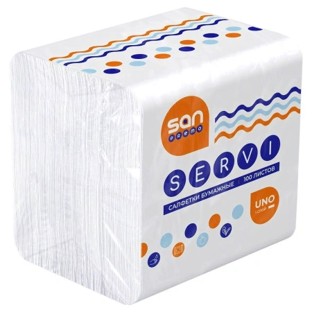 Бумажные салфетки: столовые 1сл 100листов 24х24 Санпремо Серви белые