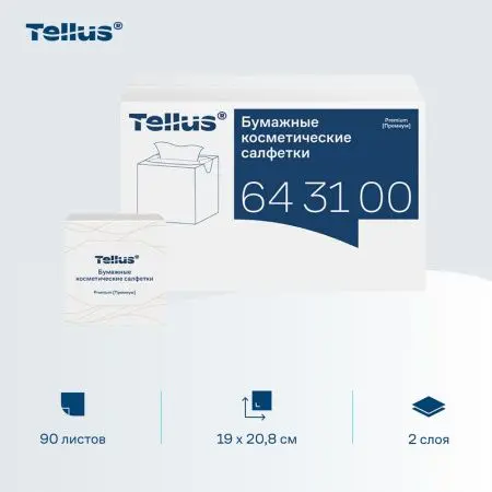 ТОРК: Tellus Салфетки косметические Премиум 2сл 90л 20.8х19.0см для лица ультрамягкие белые