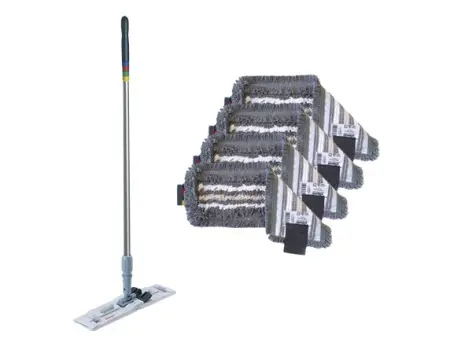 Vileda: Промонабор №4 Год с УльтраСпид Про держатель мопов, ручка алюминиевая 150 см, 4 мопа Трио серо-голубой