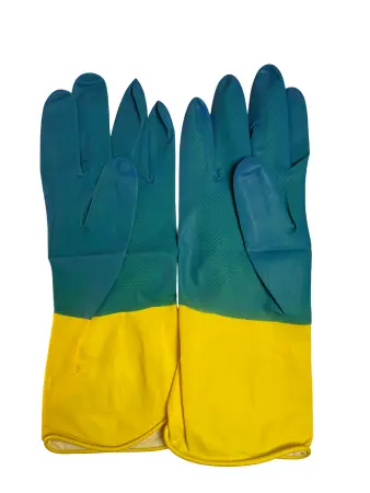 Перчатки: резиновые латексные BiColor M с хлопковым напылением сине-желтые