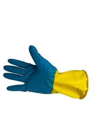 Перчатки: резиновые латексные BiColor L с хлопковым напылением сине-желтые