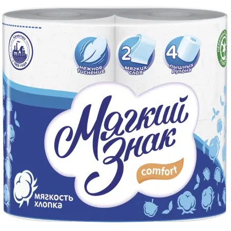 Бумага туалетная: 2сл 16,25м целлюлоза цвет белый Мягкий знак Комфорт Котенок /пач.=4 шт.