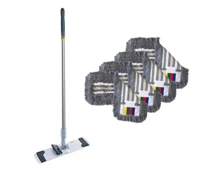 Vileda: Промонабор №6 Год с КомбиСпид Про держатель мопов 40 см, ручка алюминиевая 150 см, 4 мопа Трио 40 см серо-голубой