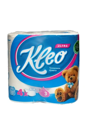 Бумага туалетная: 3сл 18м целлюлоза цвет белый Клео Ультра /пач.=4 шт.